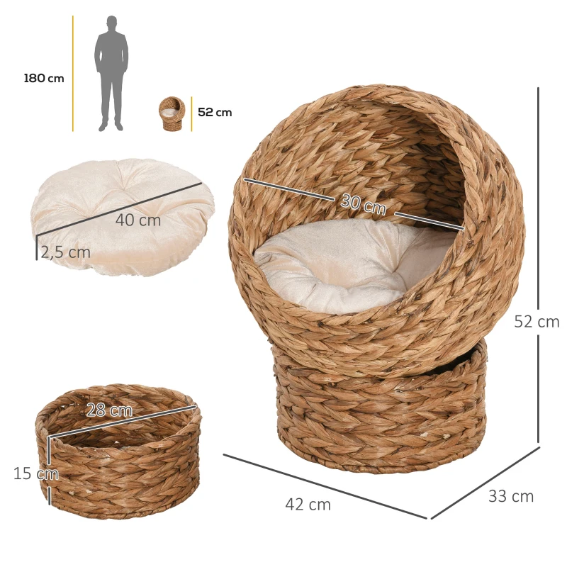 PawHut Elevated Wicker Cat Bed, Woven Banana Leaf Kitten Basket Cozy Cave with Soft Cushion, 40x37x51cm