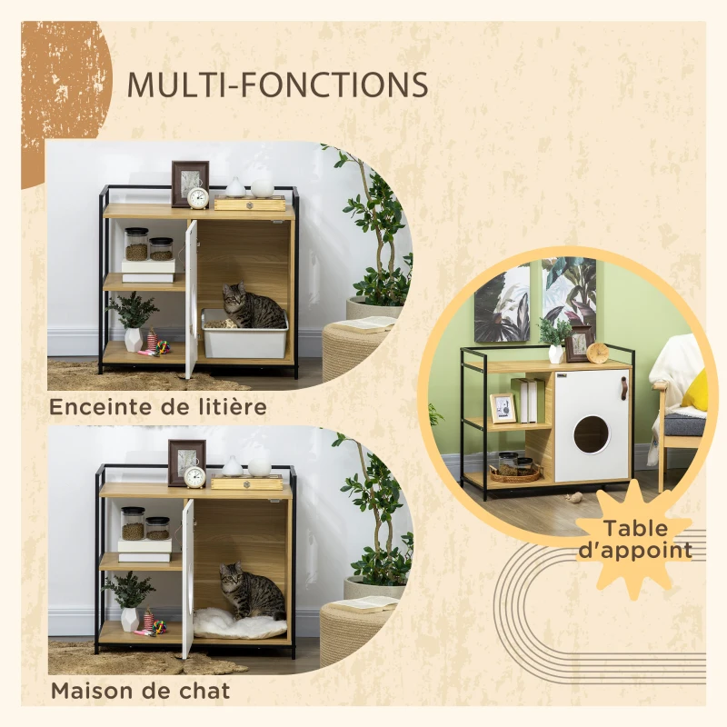 PawHut Maison de toilette pour chat meuble cache litière pour chat 2 étagères et grand plateau 80 x 40 x 73 cm
