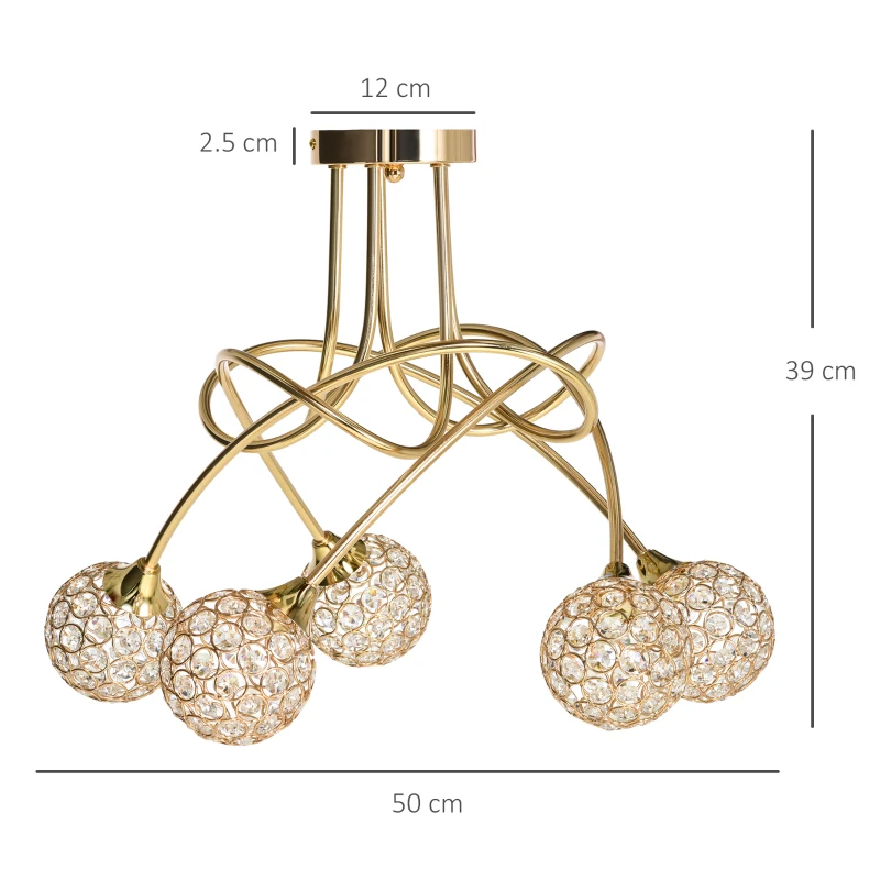 HOMCOM Crystal Chandelier Modern Pendant Light for Living Room with 5 Ball Lampshades 5 G9 Bulbs Required Gold Tone