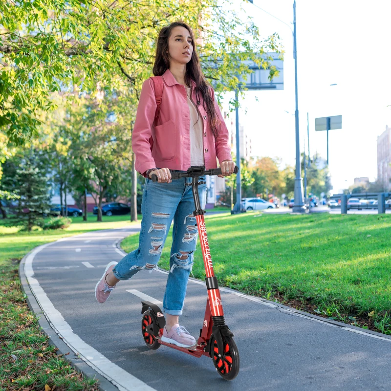 HOMCOM Foldable Adjustable Kick Scooter, with Dual Shock Absorber and ABEC-9 Bearing - Red