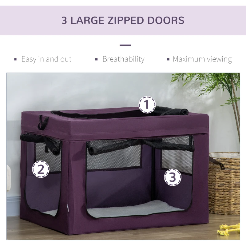 PawHut Large Medium Dog Crate Dog Carrier Dog Travel Crate Folding Fabric Soft 90Lx63Wx63Hcm-Purple