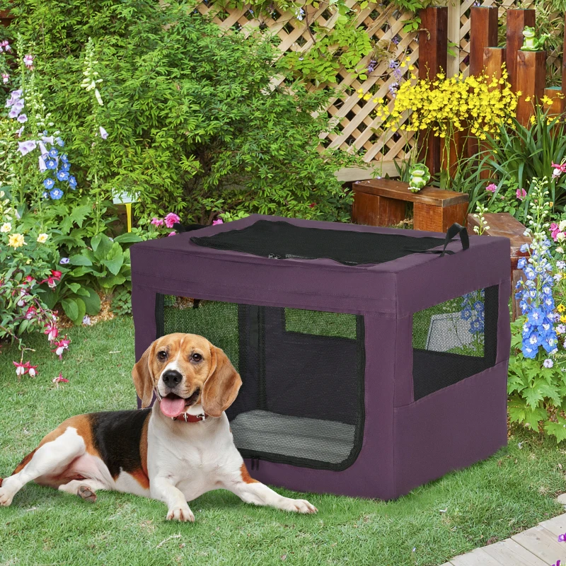 PawHut Large Medium Dog Crate Dog Carrier Dog Travel Crate Folding Fabric Soft 90Lx63Wx63Hcm-Purple