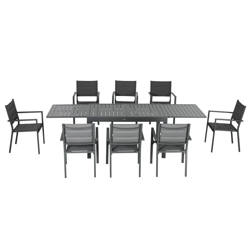 Outsunny Conjunto de Jardim Refeição de 9 Peças com Mesa Extensível 8 Cadeiras Empilháveis 135-270x89x74cm Cinza