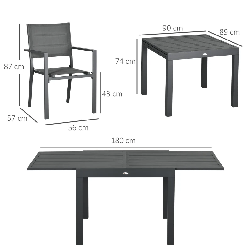Outsunny Conjunto de Jardim Refeição de 7 Peças com Mesa Extensível e 6 Cadeiras Empilháveis 90-180x89x74cm Cinza