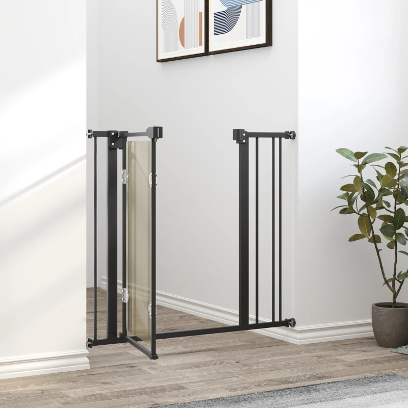 PawHut Pressure Fit Safety Gate, Dog Gate for Doorways and Staircases with Auto Closing Door Double Locking, Acrylic Panel, Extensions Kit, 74-80 cm/84-90 cm - Black