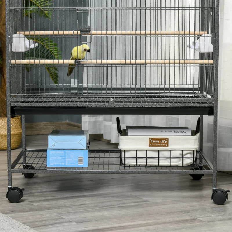 PawHut Large Bird Cage Budgie Cage for Finch Canaries Parakeet with Rolling Stand, Slide-out Tray, Storage Shelf, Food Containers, Dark Grey
