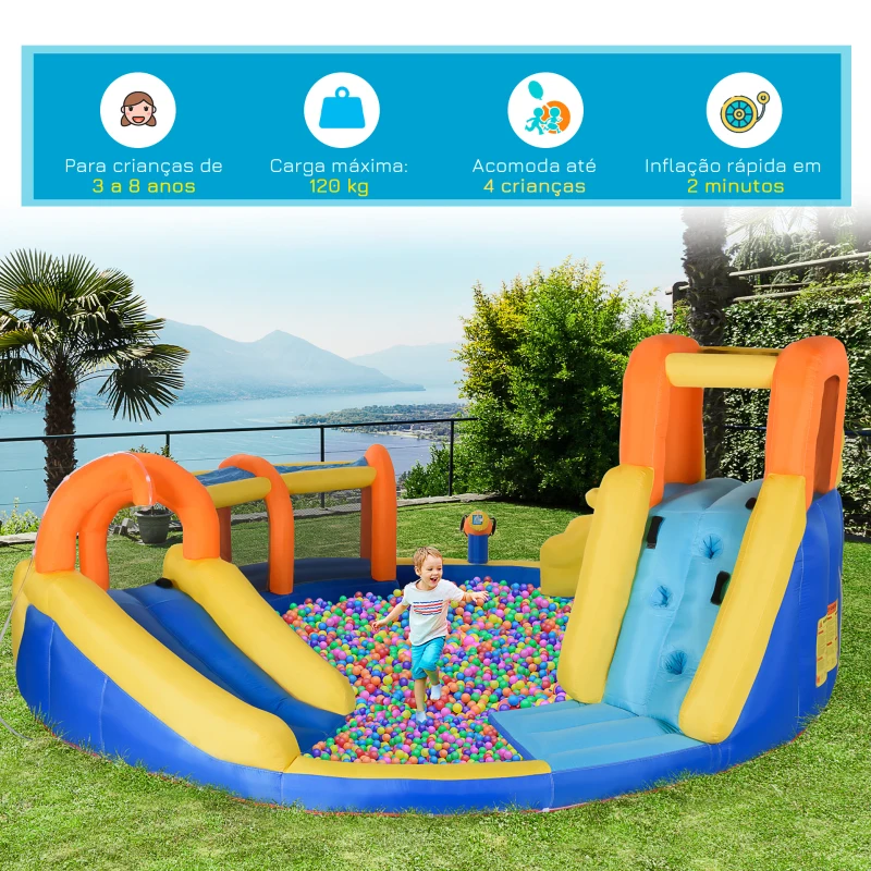 Outsunny Castelo Insuflável com Escorrega Cesta de Basquetebol Piscina Insuflador de 750W e Bolsa de Transporte 435x435x200cm Multicolorido