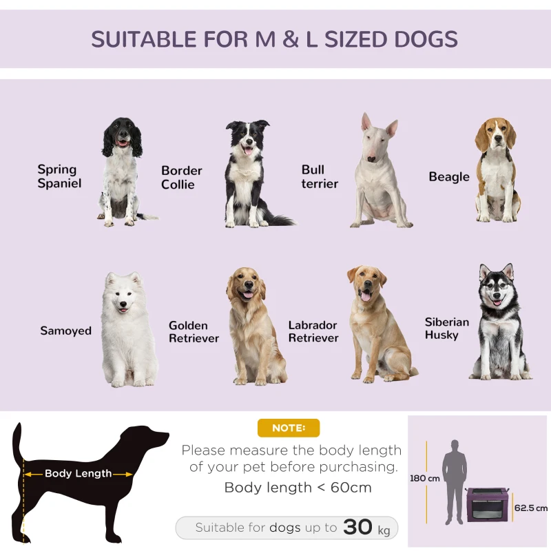PawHut Large Medium Dog Crate Dog Carrier Dog Travel Crate Folding Fabric Soft 90Lx63Wx63Hcm-Purple