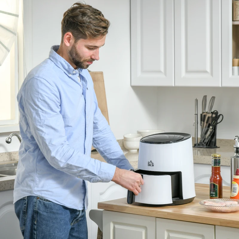 HOMCOM Smart Air Fryers, 1300W 2.5L with Digital Display, Rapid Air Circulation, Adjustable Temperature, Timer and Nonstick Basket White