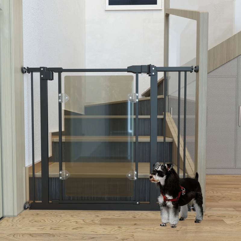 PawHut Pressure Fit Safety Gate, Dog Gate for Doorways and Staircases with Auto Closing Door Double Locking, Acrylic Panel, Extensions Kit, 74-80 cm/84-90 cm - Black