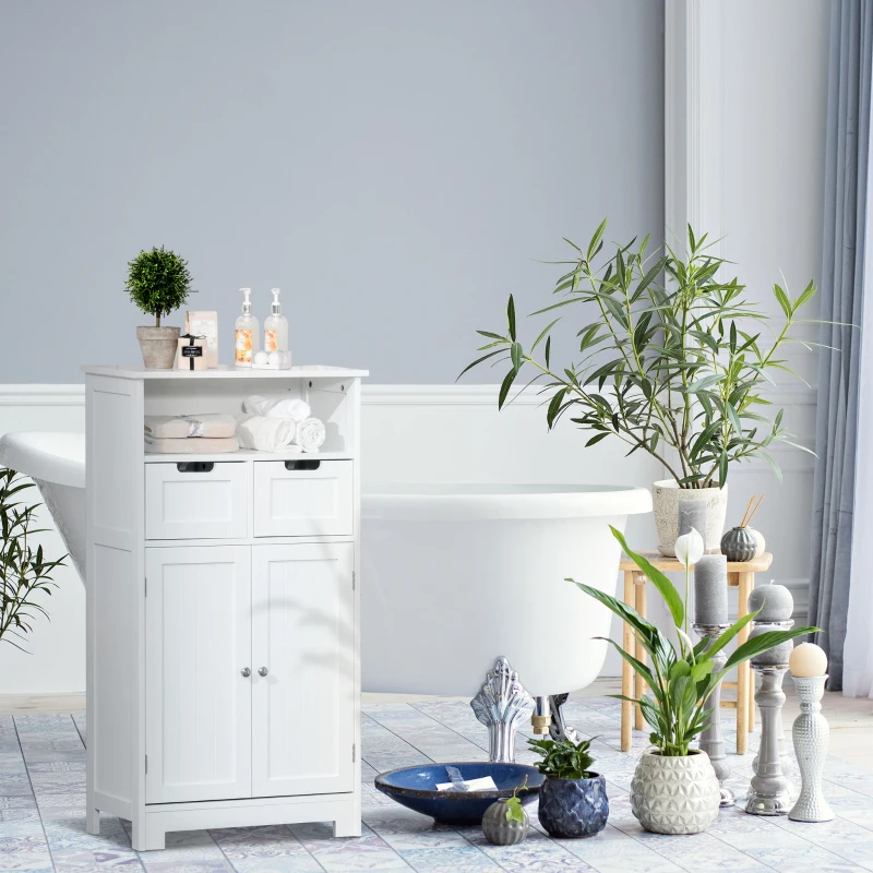 kleankin Bathroom Cabinet, Free Standing Bathroom Storage Cabinet with 2 Drawers and Adjustable Shelf, Small Bathroom Storage Unit, White