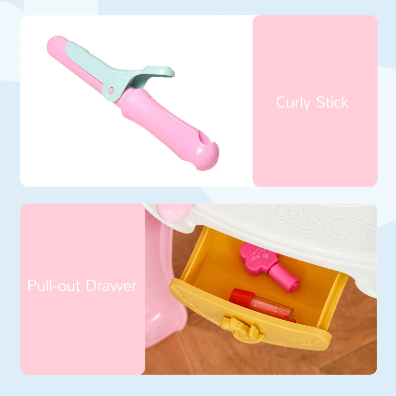 HOMCOM Childrens Vanity Table with Lights, 20 PCS Kids Dressing Table Set,Musical Pretend Toy for 3-6 Years Old,Pink