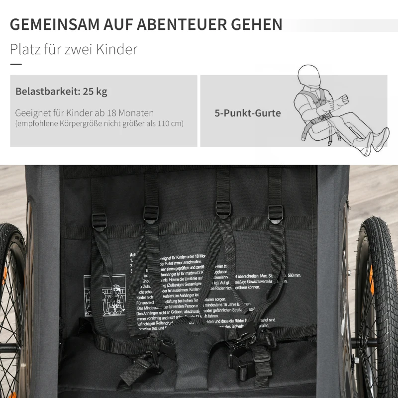 HOMCOM 2-in-1 Kinderanhänger, Regenschutz, Sicherheitsgurt, für 2 Kinder, schwarz, 160 x 83 x 96 cm