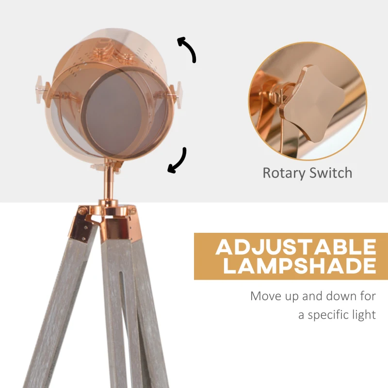 HOMCOM Adjustable Tripod Floor Lamp, Industrial Nautical Searchlight with Wood Legs, for Living Room, Bedroom, Grey and Rose Gold