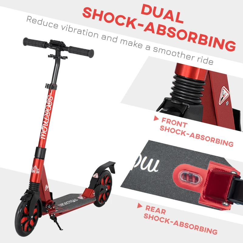 HOMCOM Foldable Adjustable Kick Scooter, with Dual Shock Absorber and ABEC-9 Bearing - Red