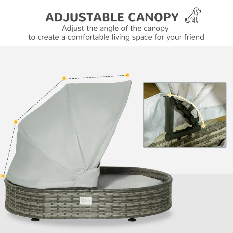PawHut Wicker Covered Dog Bed, Waterproof Pet Sofa Outdoor with Adjustable Canopy, Soft Cushion for Small and Medium Dogs, Grey
