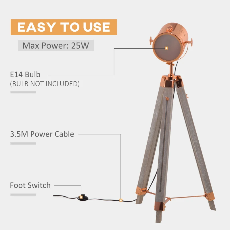 HOMCOM Adjustable Tripod Floor Lamp, Industrial Nautical Searchlight with Wood Legs, for Living Room, Bedroom, Grey and Rose Gold