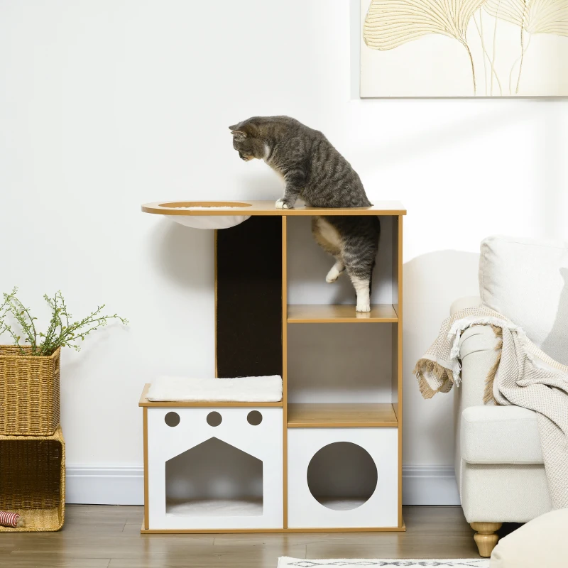 PawHut Casa para Gatos de Madeira com 2 Cavernas Arranhador Rede e Almofadas de Pélucia 76x37x92,5 cm Carvalho e Branco