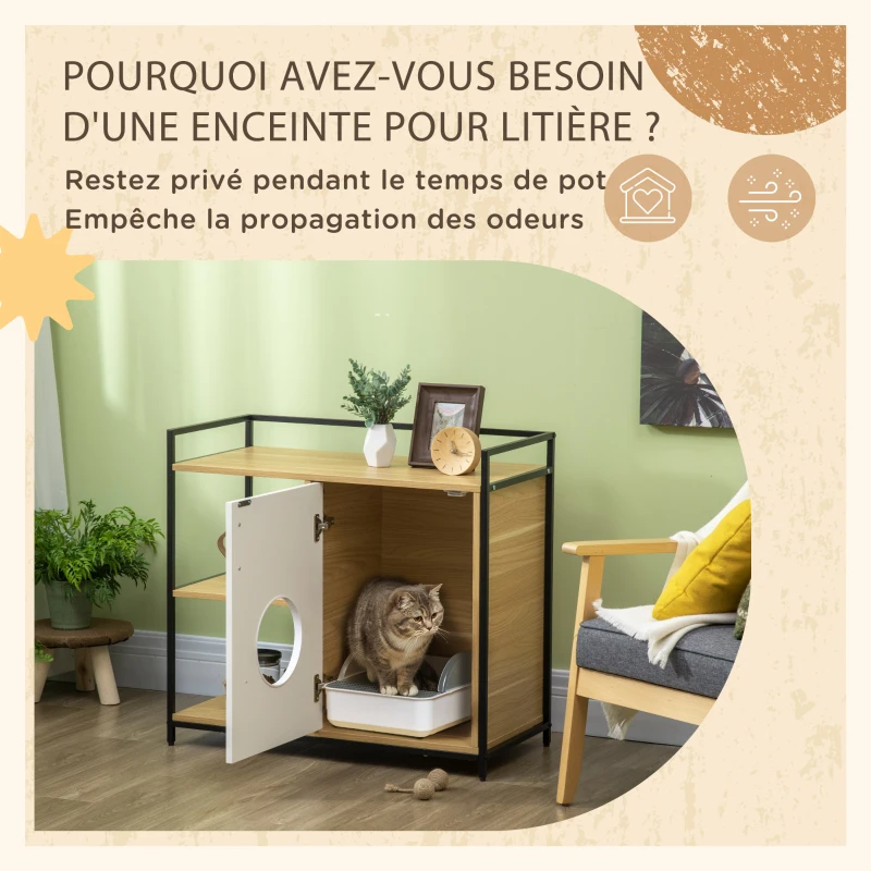 PawHut Maison de toilette pour chat meuble cache litière pour chat 2 étagères et grand plateau 80 x 40 x 73 cm