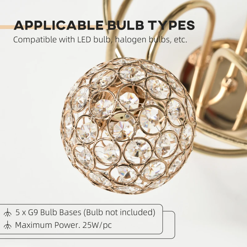 HOMCOM Crystal Chandelier Modern Pendant Light for Living Room with 5 Ball Lampshades 5 G9 Bulbs Required Gold Tone