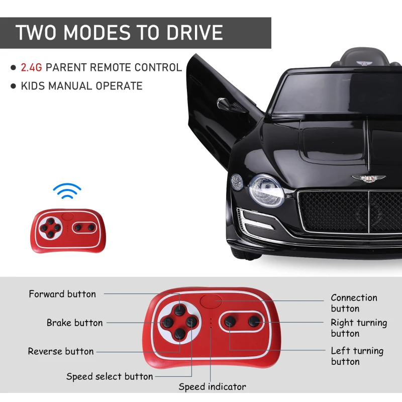 HOMCOM Bentley GT Licensed 12V Kids Electric Ride On Car with Remote Control Two Motors LED Light Music for 3-5 Years Black