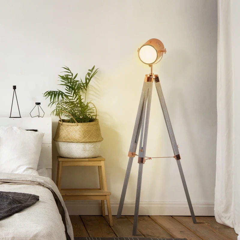 HOMCOM Adjustable Tripod Floor Lamp, Industrial Nautical Searchlight with Wood Legs, for Living Room, Bedroom, Grey and Rose Gold