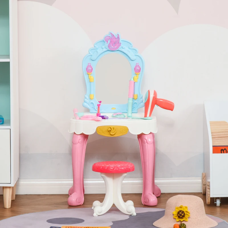HOMCOM Childrens Vanity Table with Lights, 20 PCS Kids Dressing Table Set,Musical Pretend Toy for 3-6 Years Old,Pink