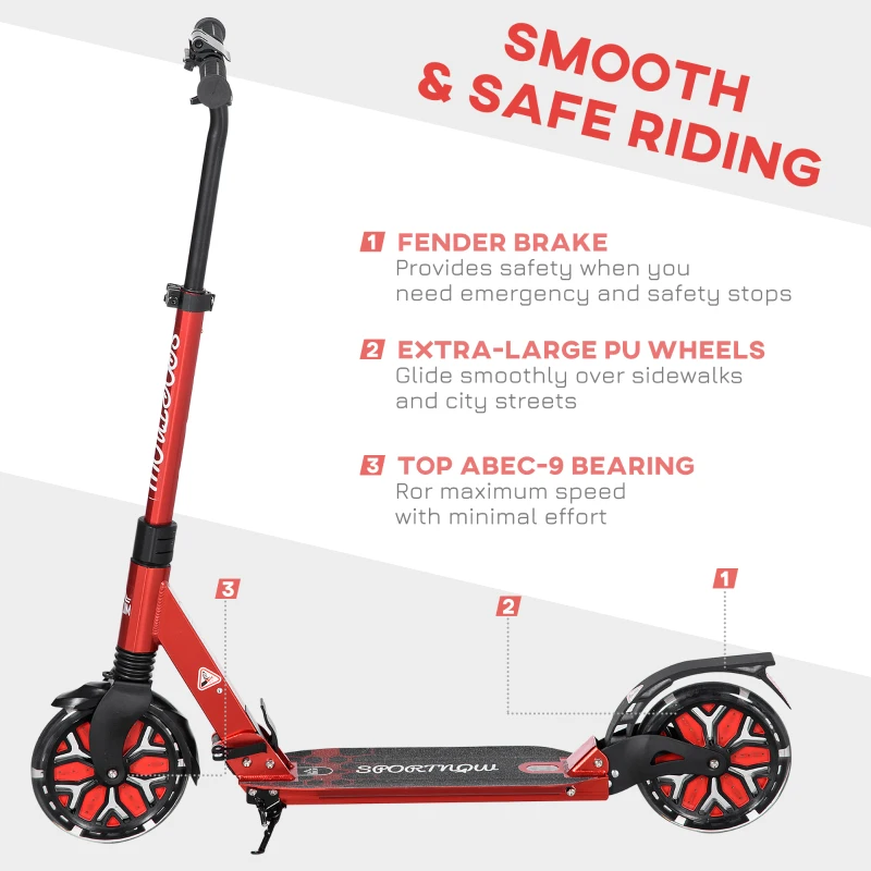 HOMCOM Foldable Adjustable Kick Scooter, with Dual Shock Absorber and ABEC-9 Bearing - Red
