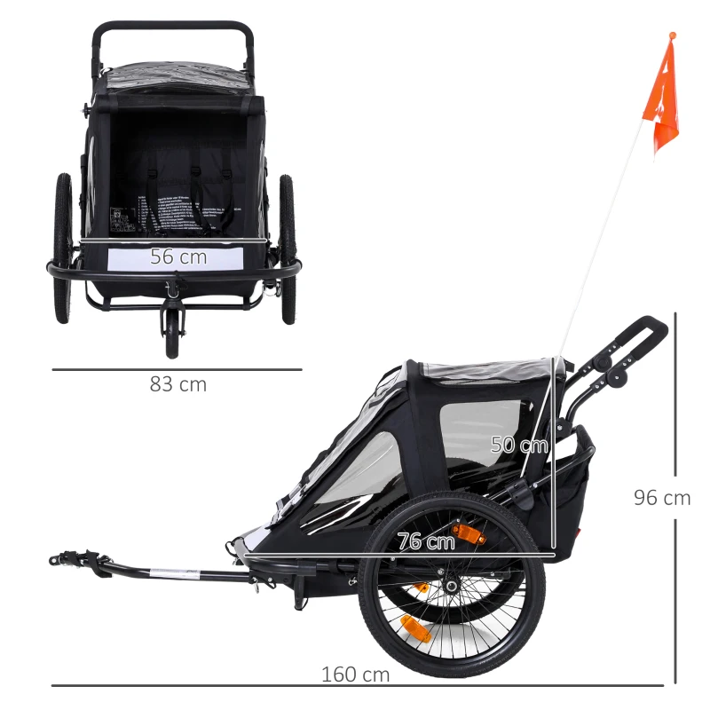 HOMCOM 2-in-1 Kinderanhänger, Regenschutz, Sicherheitsgurt, für 2 Kinder, schwarz, 160 x 83 x 96 cm