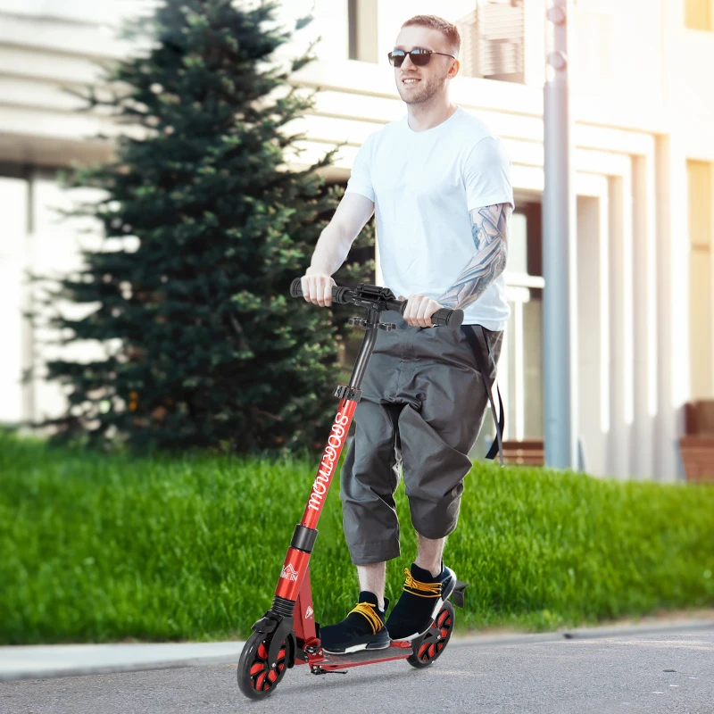 HOMCOM Foldable Adjustable Kick Scooter, with Dual Shock Absorber and ABEC-9 Bearing - Red