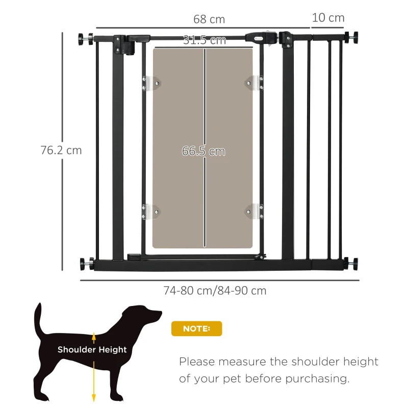 PawHut Pressure Fit Safety Gate, Dog Gate for Doorways and Staircases with Auto Closing Door Double Locking, Acrylic Panel, Extensions Kit, 74-80 cm/84-90 cm - Black