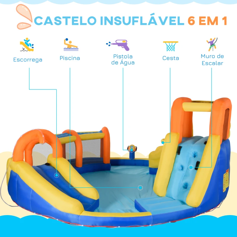 Outsunny Castelo Insuflável com Escorrega Cesta de Basquetebol Piscina Insuflador de 750W e Bolsa de Transporte 435x435x200cm Multicolorido