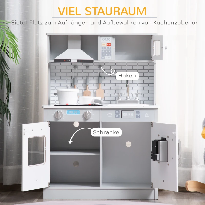 HOMCOM Kinderküche Spielküche aus Holz Küchenspielzeug mit Zubehör Musikspielküche Spielzeugset Spielzeugküche für 3–6 Jahre Grau 60 x 29 x 84 cm