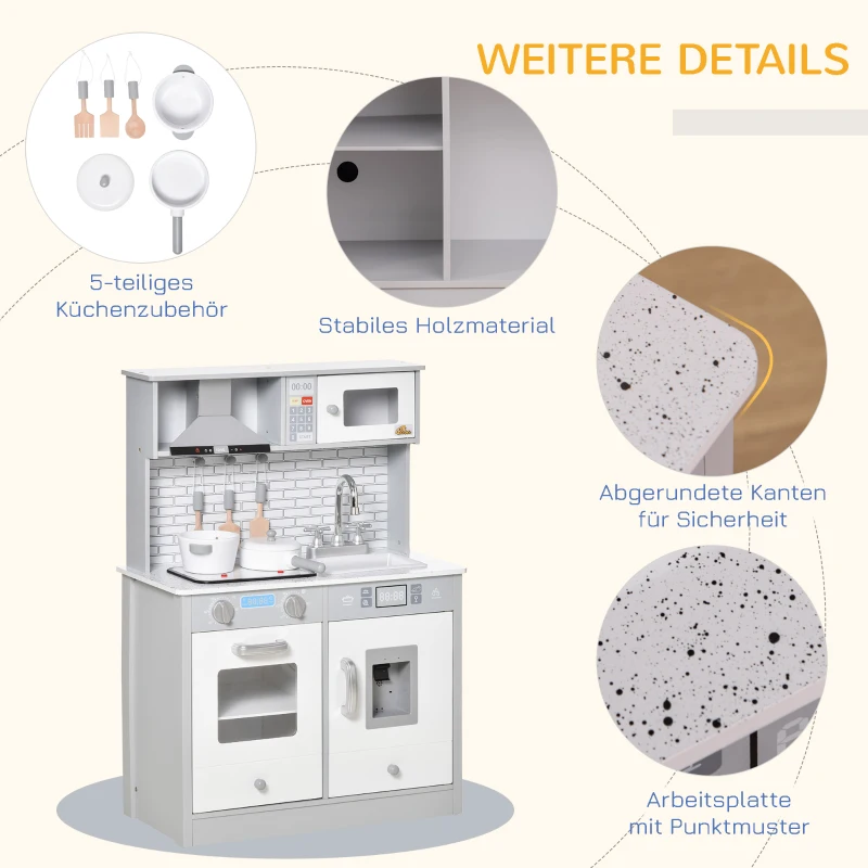 HOMCOM Kinderküche Spielküche aus Holz Küchenspielzeug mit Zubehör Musikspielküche Spielzeugset Spielzeugküche für 3–6 Jahre Grau 60 x 29 x 84 cm