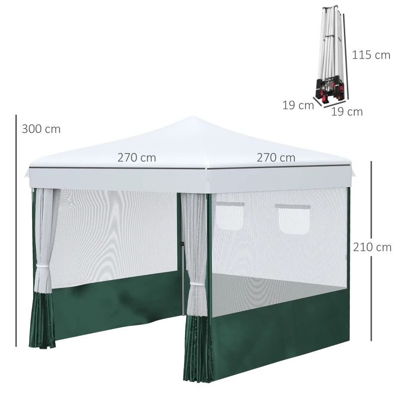 Outsunny Tenda Dobrável Tenda de Jardim com Proteção UV30 Altura Ajustável em 3 Níveis 2 Janelas e Bolsa de Transporte 2,7x2,7cm Branco e Verde