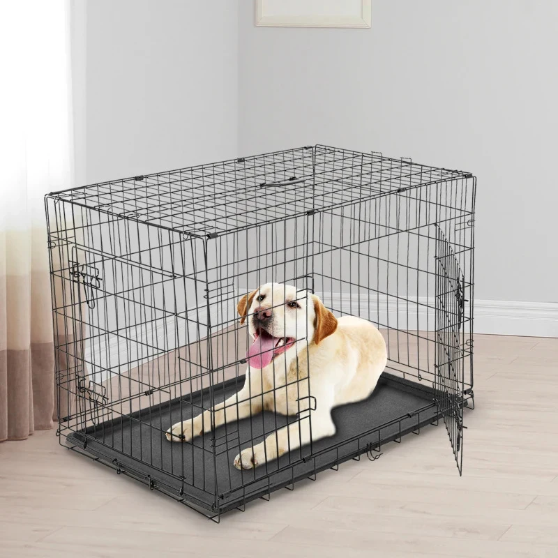 PawHut Gaiola para Cães com 2 Portas Gaiola para Animais de Estimação de Arame Dobrável com Alça de Transporte Aço 121x74,5x81cm Preto