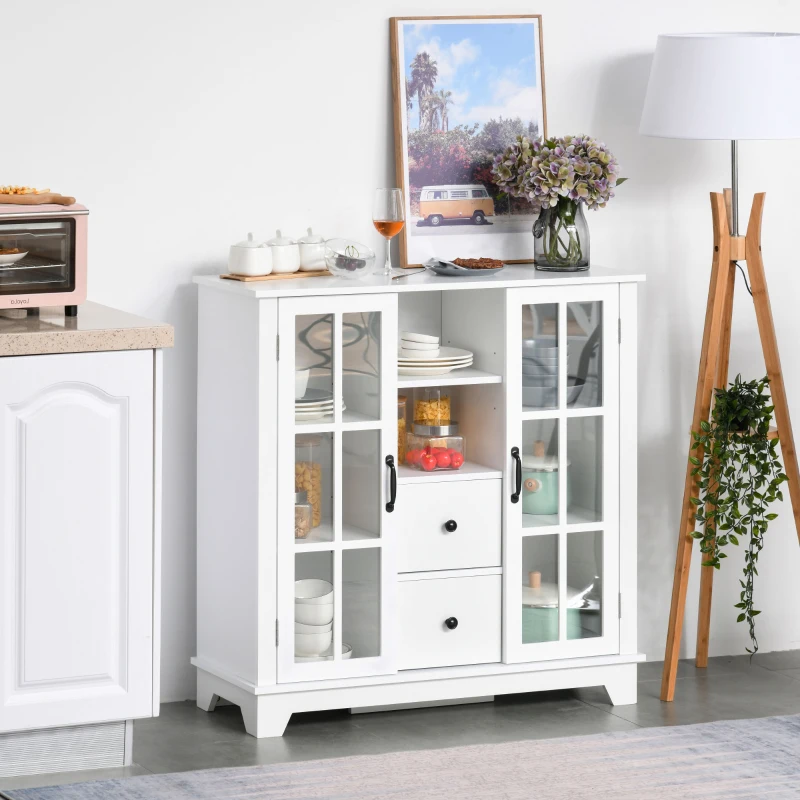 HOMCOM Modern Kitchen Sideboard Storage Cabinet with 2 Drawer and Glass Doors for Dining Room, Living Room, White