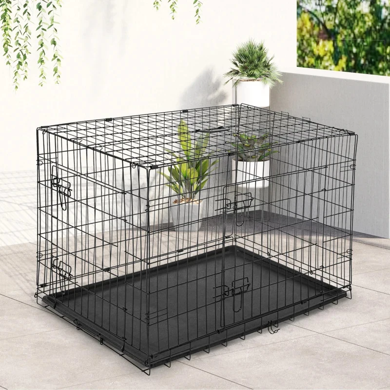 PawHut Gaiola para Cães com 2 Portas Gaiola para Animais de Estimação de Arame Dobrável com Alça de Transporte Aço 121x74,5x81cm Preto