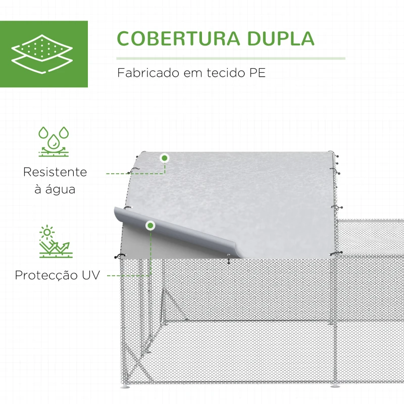 PawHut Galinheiro de Exterior Grande para 10-12 Galinhas de Aço Galvanizado com 2 Ambientes 380x280x195cm Prata