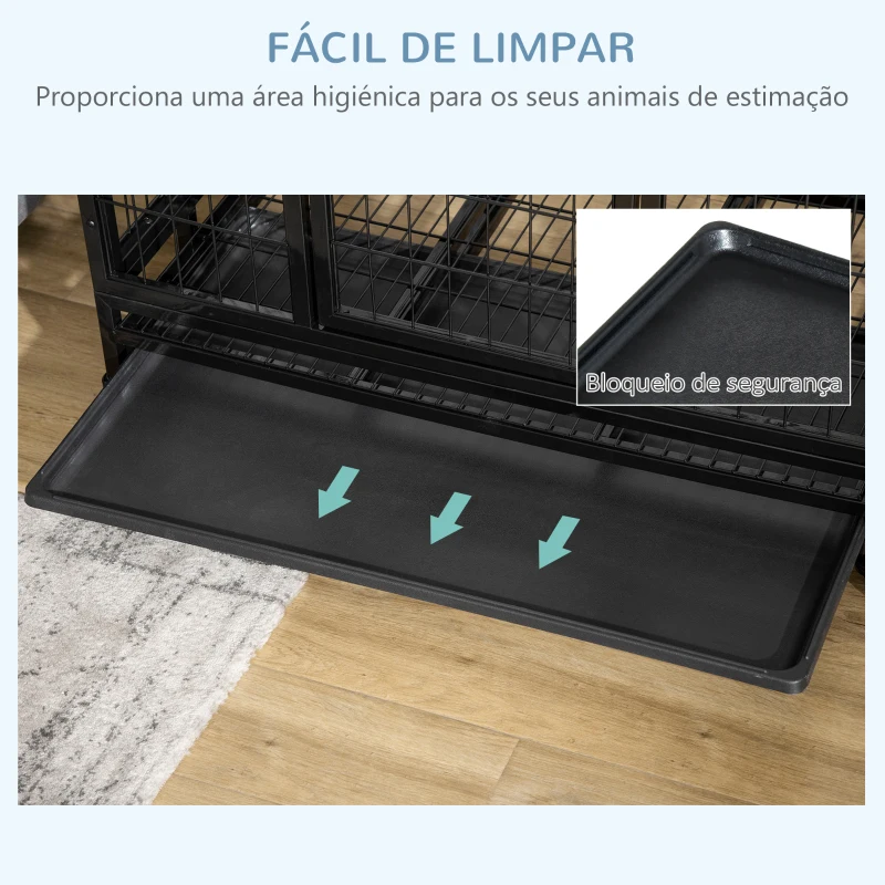 PawHut Gaiola de Metal para Cães com Rodas e Freios Bandeja Removível e Porta com Trava para Golden Retriver Labrador 92x62x75cm Preto