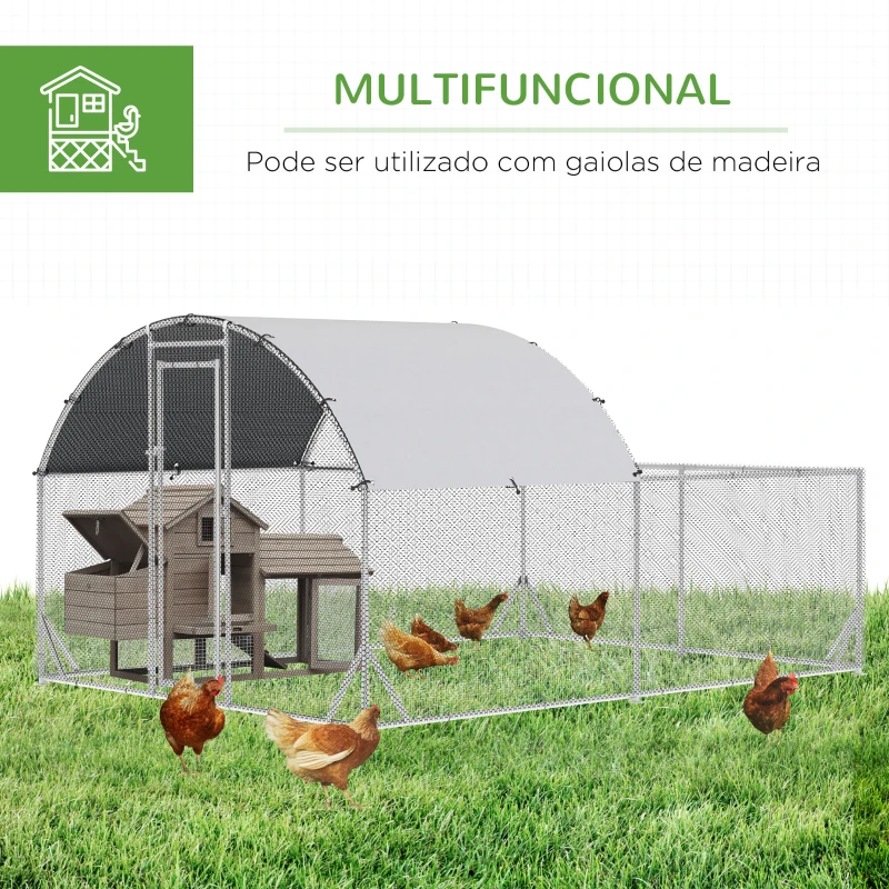 PawHut Galinheiro de Exterior Grande para 10-12 Galinhas de Aço Galvanizado com 2 Ambientes 380x280x195cm Prata