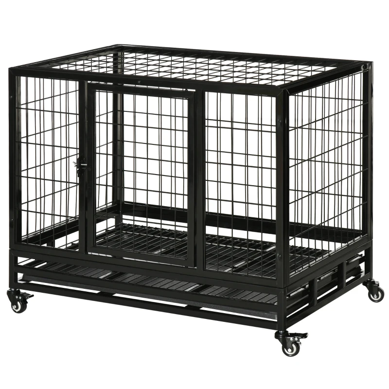 PawHut Gaiola de Metal para Cães com Rodas e Freios Bandeja Removível e Porta com Trava para Golden Retriver Labrador 92x62x75cm Preto