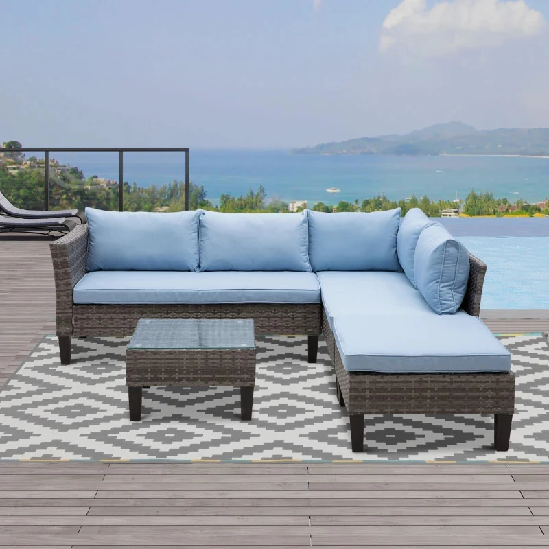 Outsunny Conjunto de Móveis de Vime 4 Peças com Mesa de Centro com Bancada de Vidro Temperado e Apoio para os Pés Cinza e Azul