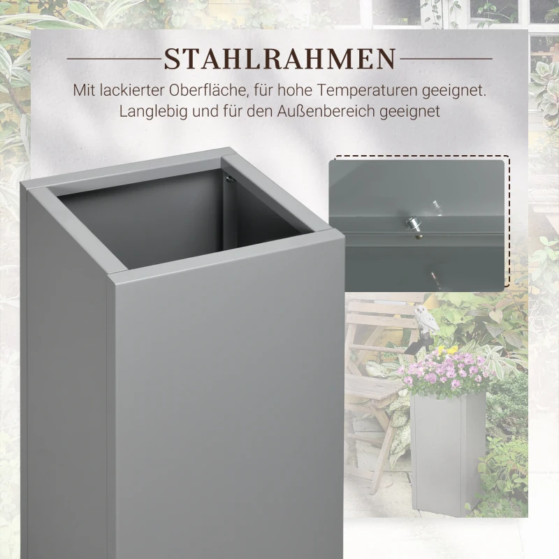 Outsunny Pflanzkübel, lackierter Stahl, wetterbeständig, 34 cm x 34 cm x 76 cm, Grau