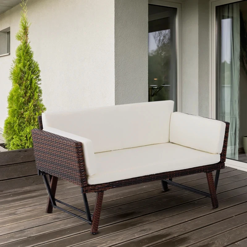 Outsunny Sofá de 2 Lugares Vime Sintético Convertível em Cama Sofá de Jardim Exterior com Almofada Mobiliário Pátio Terraço 129x63x67 cm Marrom e Bege