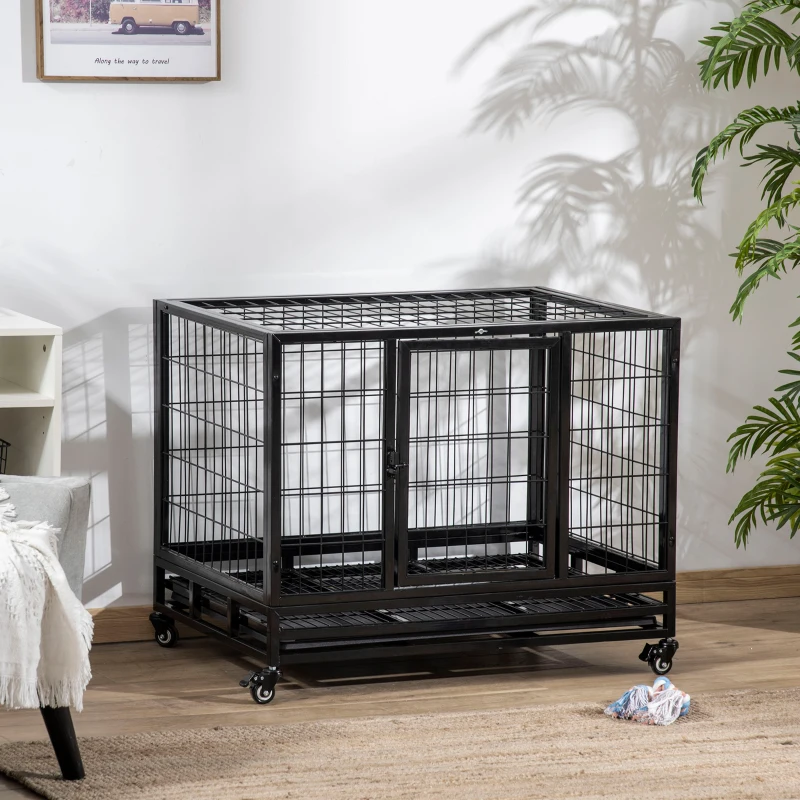 PawHut Gaiola de Metal para Cães com Rodas e Freios Bandeja Removível e Porta com Trava para Golden Retriver Labrador 92x62x75cm Preto