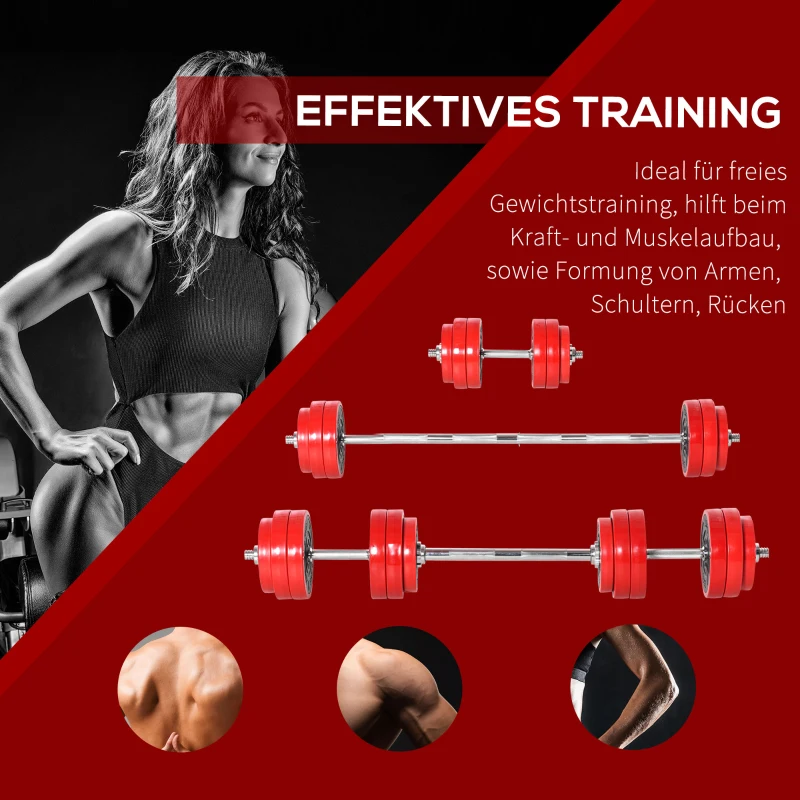 HOMCOM zestaw hantli 30 kg 2 w 1 hantle i sztanga regulowane podnoszenie ciężarów do fitnessu domowego mięśnie stal tworzywo sztuczne PP żelazo piasek kolor czerwony + czarny 21,5 x 21,5 x 3,8 cm