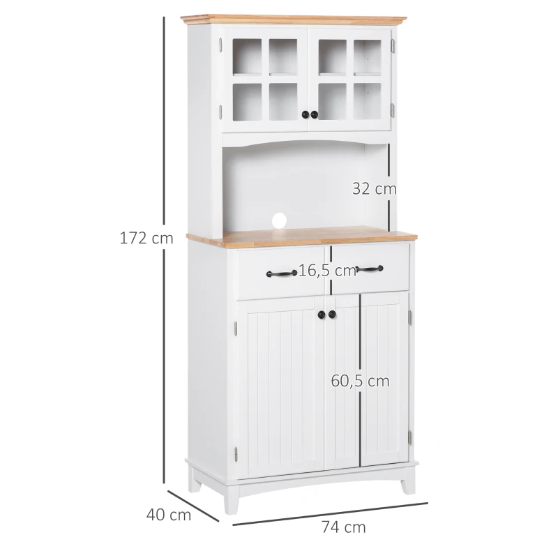 HOMCOM Coastal Style Kitchen Buffet and Hutch Wooden Storage Cabinet with Framed Glass Door, Drawers Microwave Space for Dining Room, Living Room, White