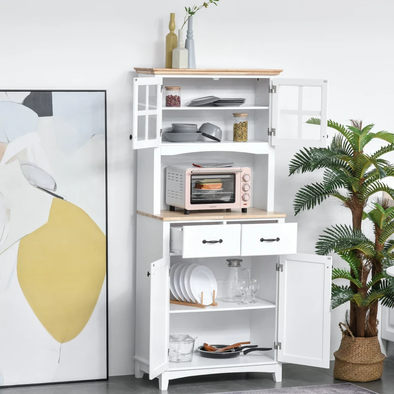 HOMCOM Coastal Style Kitchen Buffet and Hutch Wooden Storage Cabinet with Framed Glass Door, Drawers Microwave Space for Dining Room, Living Room, White