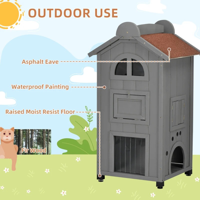 PawHut Solid Wood Cat Condos Natural Water Proof Outdoor 2-Floor Pet Shelter